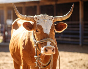 A serious-looking bull stands still in direct daylight, facing the camera with a rope halter around its muzzle.