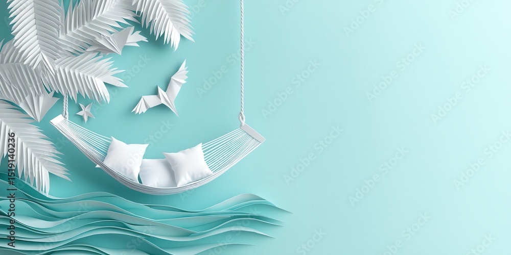 Poster relax hammock beach concept. A serene hammock scene with paper elements against a calming blue backdrop.