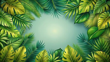 Lush green tropical leaves create a vibrant frame around a soft light green background