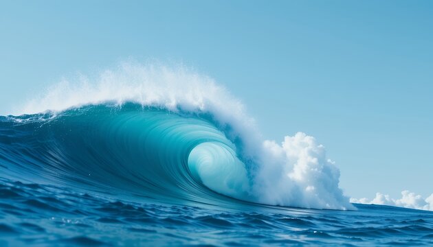 Powerful ocean wave curling under clear blue sky creating sea spray and foam