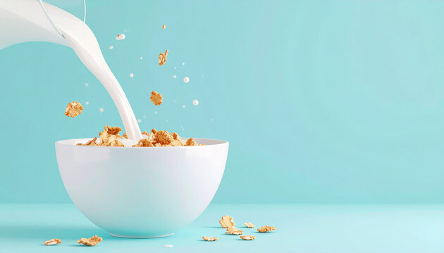 Milk pouring into a conflake in a white bowl.