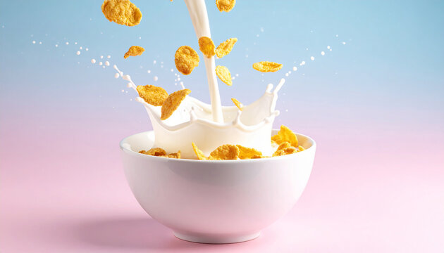 Milk pouring into a conflake in a white bowl.