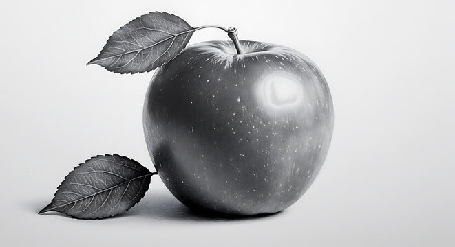 Realistic hand-drawn black and white pencil illustration of an apple and leaves, featuring fine shading, smooth curves, and precise detail in a minimalist studio composition