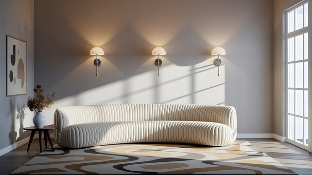 Serene Living Room: A modern, sunlit living room with a stylish sofa, featuring an abstract painting, sconce lights, and a patterned rug, creating a calm and inviting atmosphere.