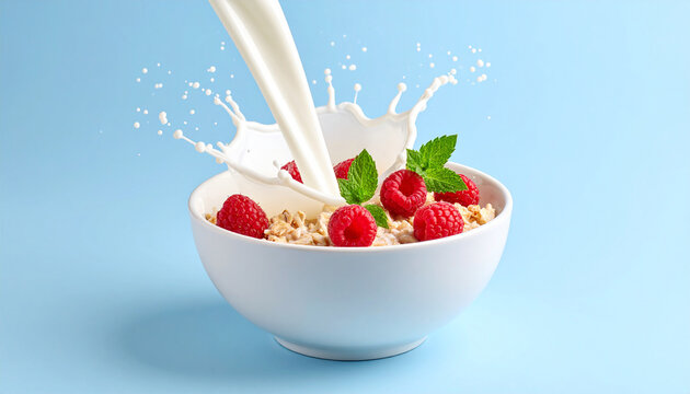 Milk pouring into a conflake in a white bowl.