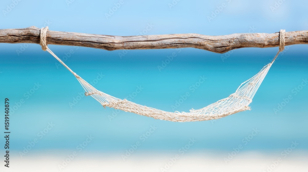 Poster relax hammock beach concept. a weathered hammock hangs between two branches against a serene blue ba