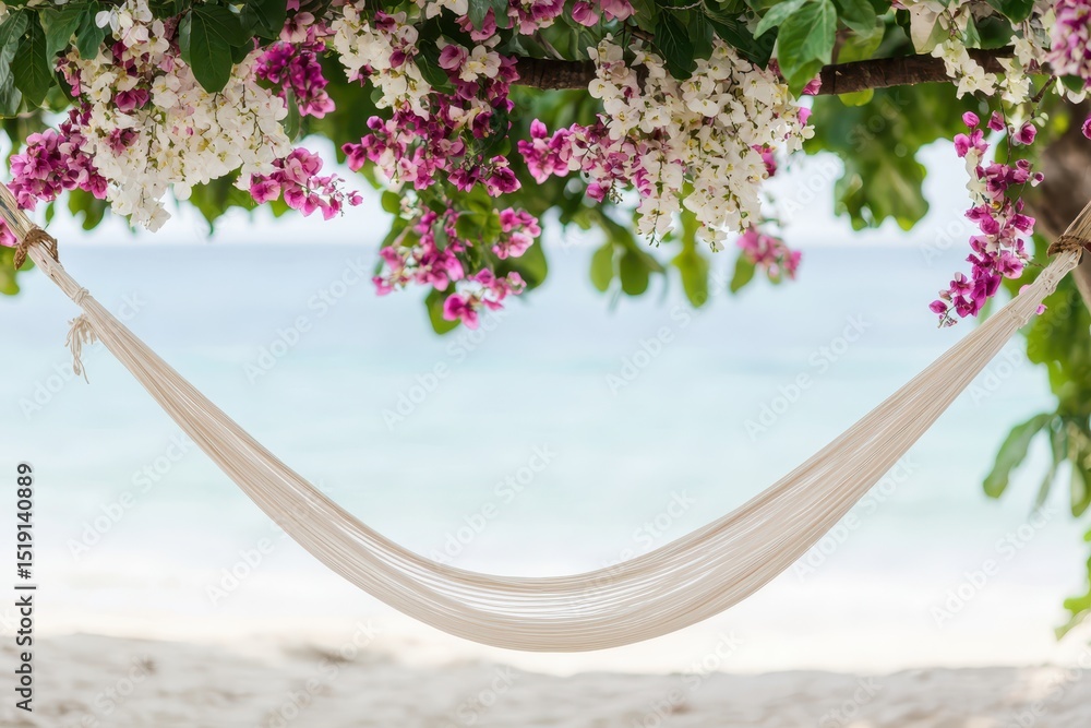 Poster relax hammock beach concept. tranquil hammock draped with flowers by a serene beach setting.