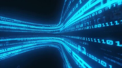 flowing digital data, primarily composed of glowing blue binary code and abstract patterns against a dark background - Powered by Adobe