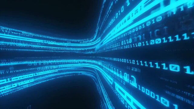 flowing digital data, primarily composed of glowing blue binary code and abstract patterns against a dark background