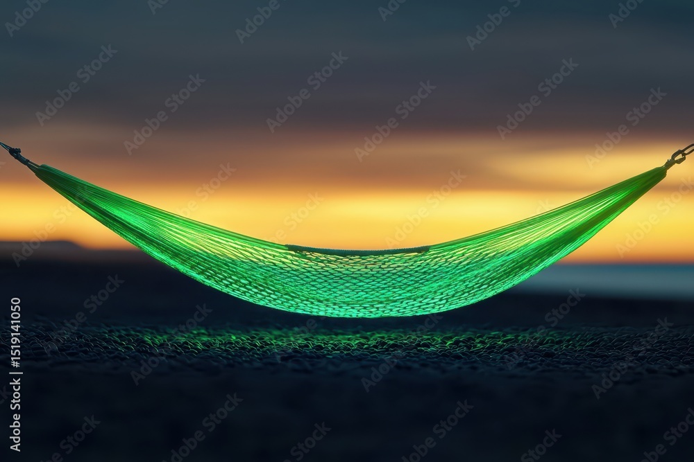 Poster relax hammock beach concept. a tranquil hammock hangs against a serene sunset backdrop by the beach.