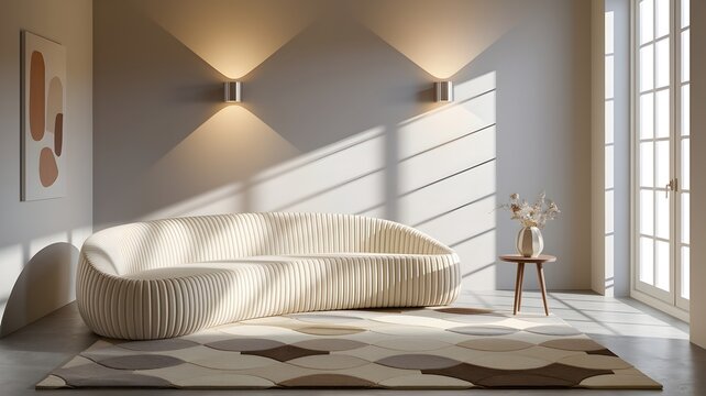 Minimalist Interior Design: A serene living space featuring a contemporary sofa, soft light and harmonious decor, creating an ambiance of quiet luxury and refined taste.