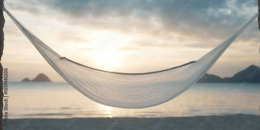 Poster relax hammock beach concept. a tranquil hammock swaying between two posts by a serene beach at sunse