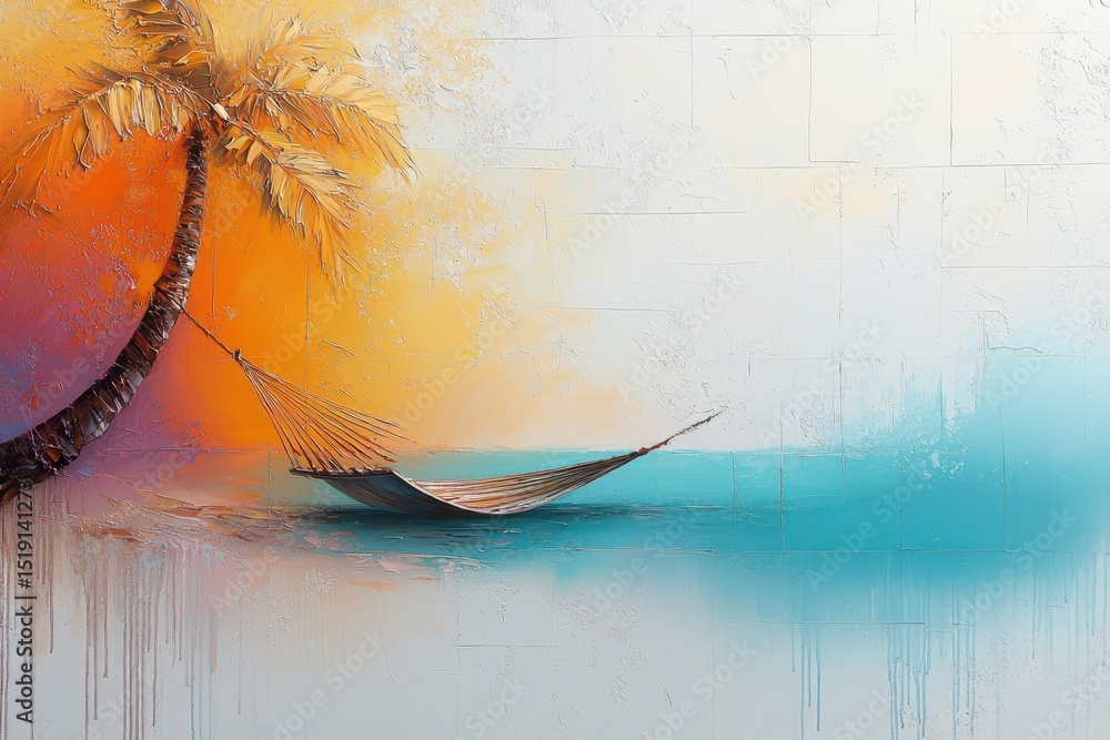 Poster relax hammock beach concept. A tranquil scene featuring a hammock by a palm tree against a colorful backdrop.