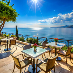 Fototapeta premium sea view on sunny day from terrace with tables