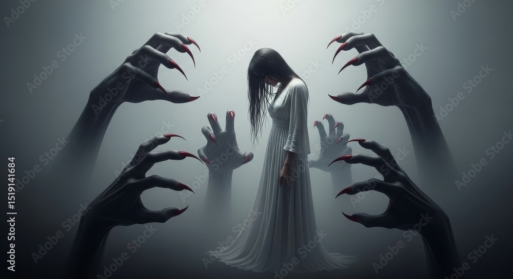 Aufkleber a haunting scene featuring a figure in white surrounded by shadowy hands with sharp claws.