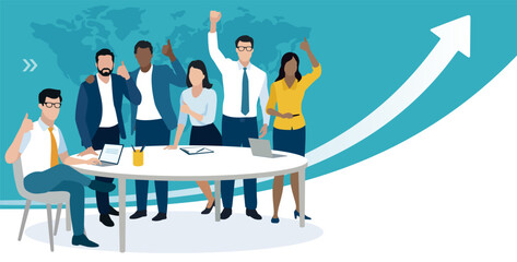 The team and rising line. Group of six colleagues showing thumbs up gesture and celebrating success. Vector flat style illustration.
