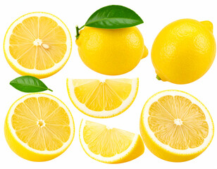 Obraz premium Fresh Lemons Juicy Citrus Fruits, Slices, and Leaves Isolated on White Background