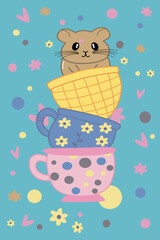 A mouse in cups vector illustration. Cute colorless for coloring page, card, poster and design work.
