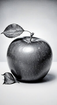Artistic graphite sketch of a single apple with fine detail, including a textured leaf on the stem and another lying beside, set against a gradient background in monochrome style