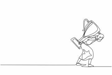 Continuous one line drawing heavy burden of victory business concept. Tired and disappointed businesswoman is carrying huge golden trophy on back. Single line draw design vector graphic illustration