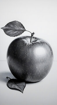 Highly detailed black and white pencil drawing of a realistic apple with attached leaf and subtle shading, capturing a lifelike, three-dimensional form with elegant composition