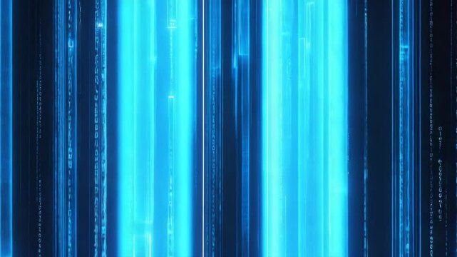 The digital data composition characterized by numerous vertical lines and columns of light, stream downwards, cascading data and code