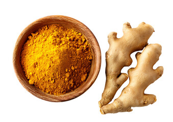 Turmeric powder in wooden bowl with ginger root isolated on white or transparent png