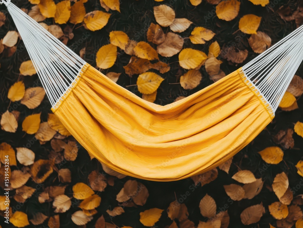 Poster relaxing hammock mountain concept. a hammock rests among autumn leaves, creating a serene and cozy a