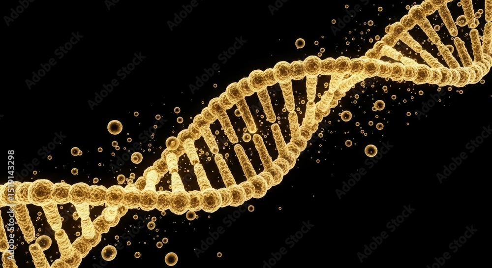 Poster a golden dna double helix with floating particles, symbolizing life and genetics.