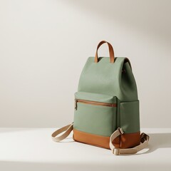 Contemporary green backpack with brown accents on white background – Concept of eco-fashion  