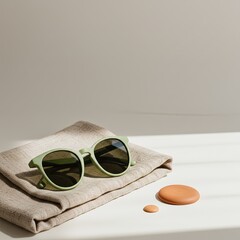 Stylish green sunglasses resting on folded fabric with decorative stones  