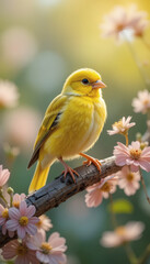 Bright Yellow Canary Perched on Wooden Branch