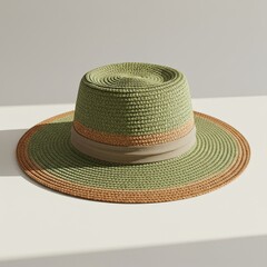 Woven green sun hat with brown accents on neutral background  