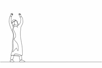 Single continuous line drawing Arab businessman standing and raising hands or arms. Successful male. Career goal. Victory sign or symbol. Winner pose. One line draw graphic design vector illustration