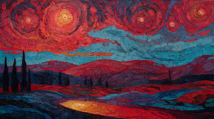 exhibition banner for modern art | internal cosmos | cosmic yearning | vermilion and indigo | ground-to-sky lead | starry skies | expressive outlines | bold impasto | southern France countryside |