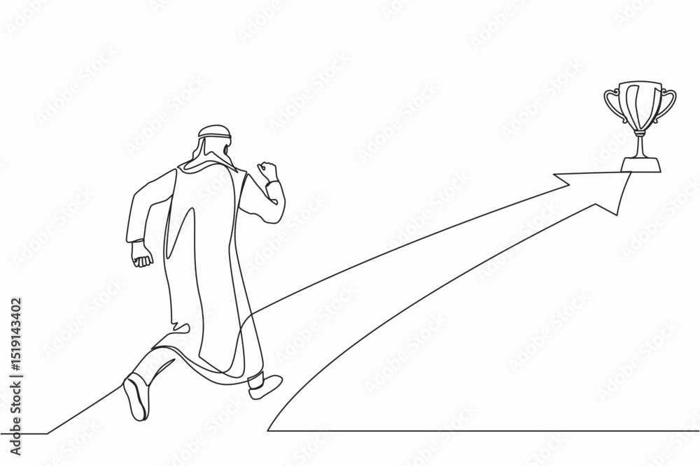 Poster single continuous line drawing arabian businessman running on forward arrow to get trophy. people re