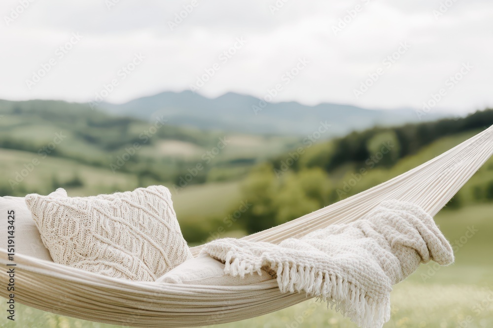 Poster relaxing hammock mountain concept. Cozy hammock in serene landscape with mountains and soft greenery in the background.