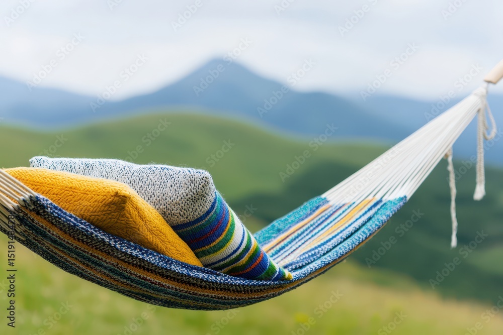 Poster relaxing hammock mountain concept. cozy hammock with colorful blankets, set against a serene backdro