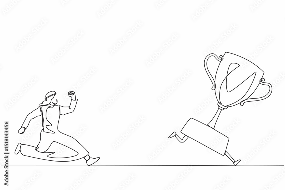 Poster single one line drawing arab businessman trying to catch trophy. man running and chasing after run a