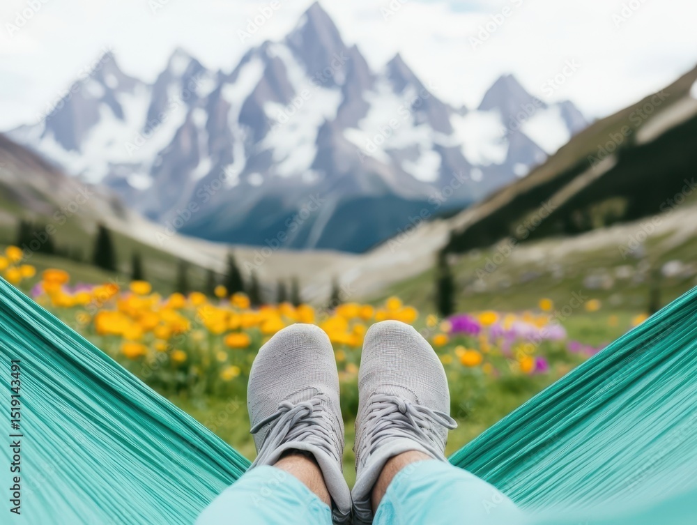 Poster relaxing hammock mountain concept. Relaxing in a hammock with a mountain view and colorful flowers in the foreground.