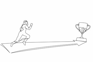 Continuous one line drawing Arabic businessman running to golden trophy. Business direction and mission vision. Goal, success, development, victory. Single line draw design vector graphic illustration