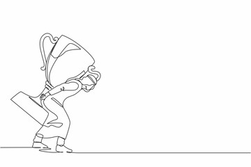Single continuous line drawing heavy burden of victory business concept. Tired and disappointed Arabian businessman is carrying huge golden trophy on back. One line graphic design vector illustration
