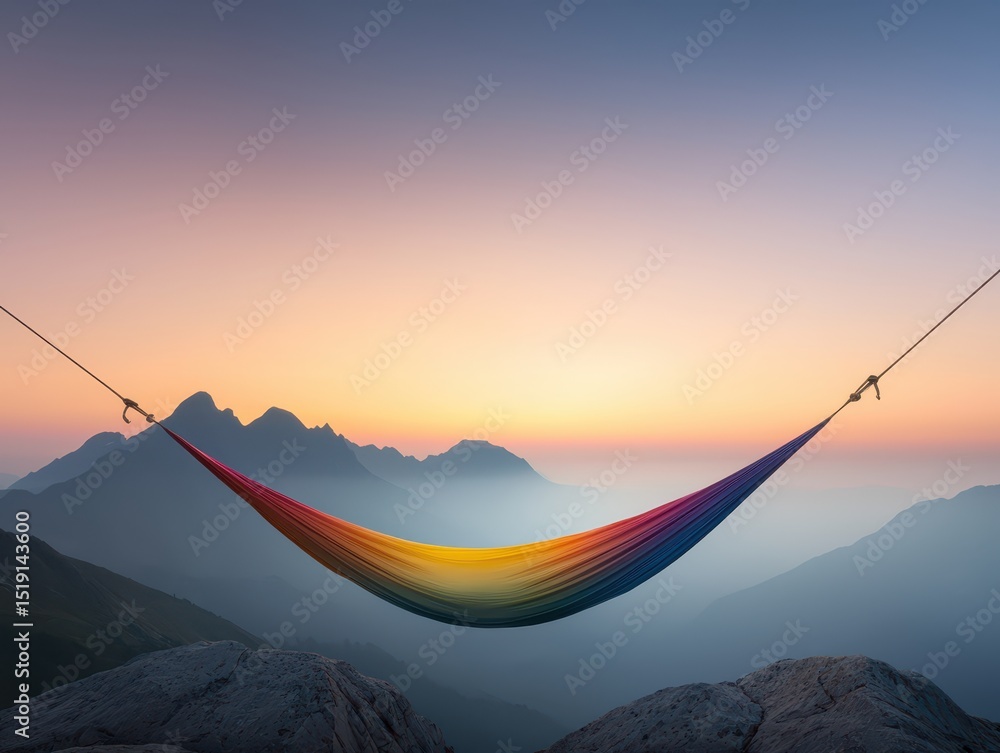 Poster relaxing hammock mountain concept. hammock suspended between mountains at sunset, creating a serene 