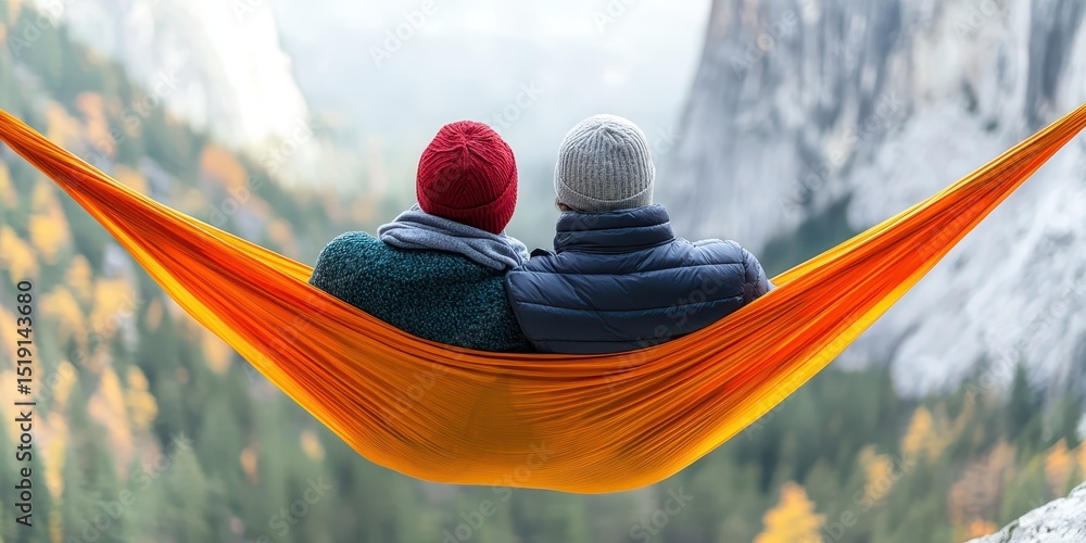 Poster relaxing hammock mountain concept. couple relaxing in a hammock, surrounded by mountains and autumn 