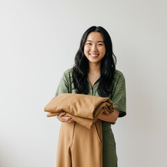 Young woman smiling while holding eco-friendly clothing in a studio  