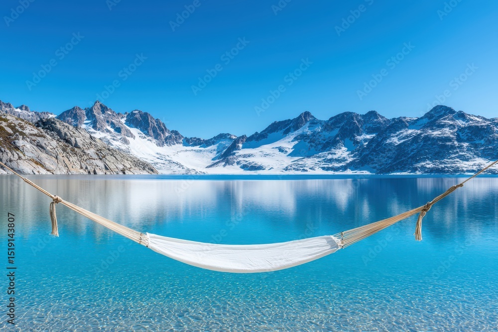 Poster relaxing hammock mountain concept. a hammock hangs over a tranquil lake with snowy mountains in the 
