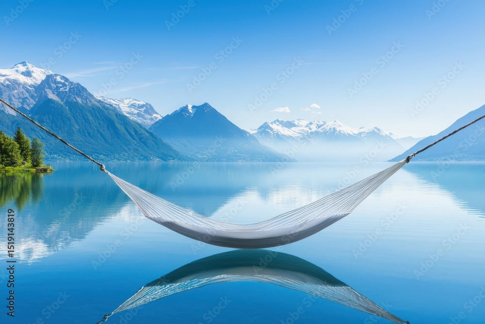 Aufkleber relaxing hammock mountain concept. tranquil hammock on serene lake with mountains reflecting in the 
