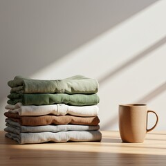 Stacked eco-friendly clothing with coffee cup on wooden table  