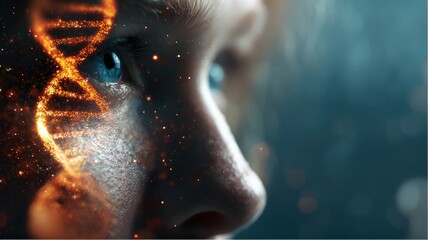 Close-up of a person's face with bright blue eyes and double helix dna
