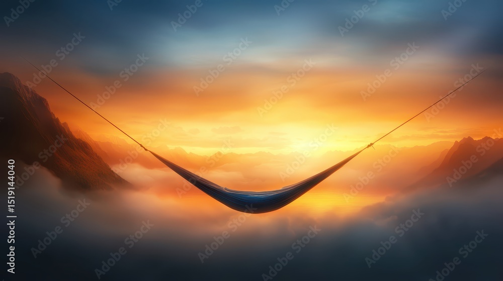 Poster relaxing hammock mountain concept. a serene hammock suspended between mountains at sunset, surrounde